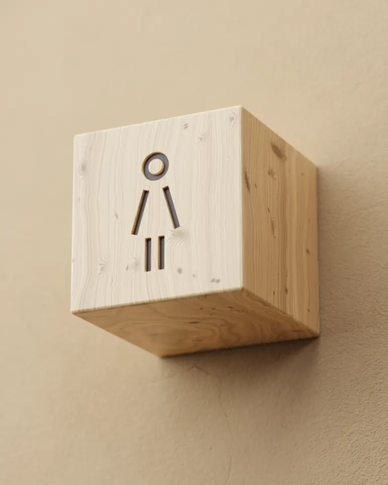 Wooden cube restroom sign